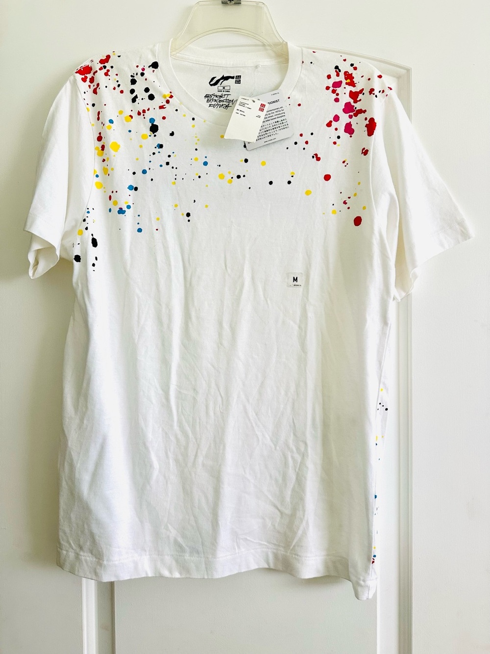 Uniqlo White Paint-Splatter Crewneck Tee with Multicolor Dots